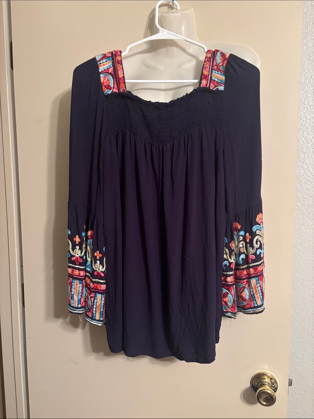 Navy Embroidered Off-Shoulder Tunic with Colorful Trim